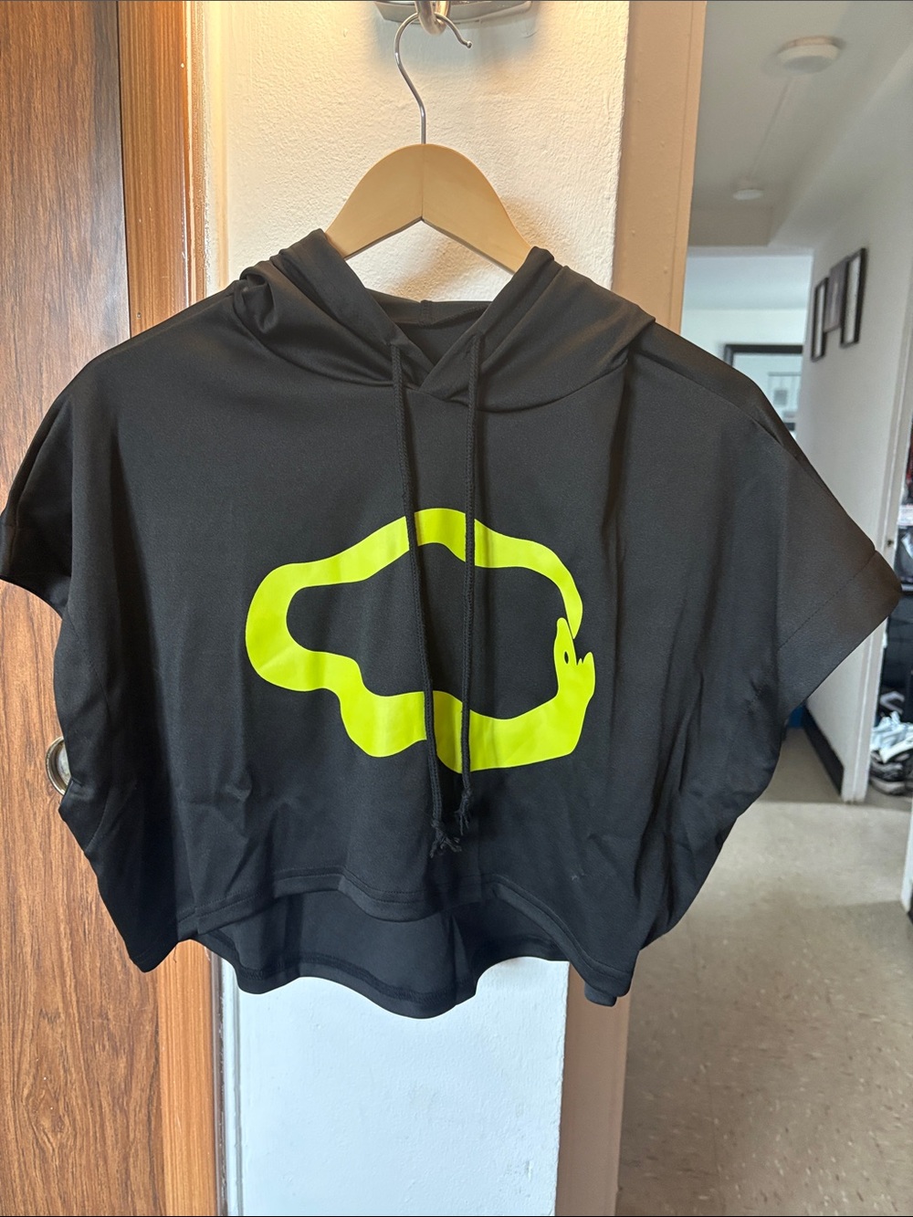 Kids Black Hooded Crop Top with Neon Green Logo
